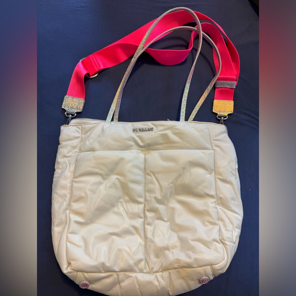 MZ Wallace Bright White with iridescent straps bowery quatro tote